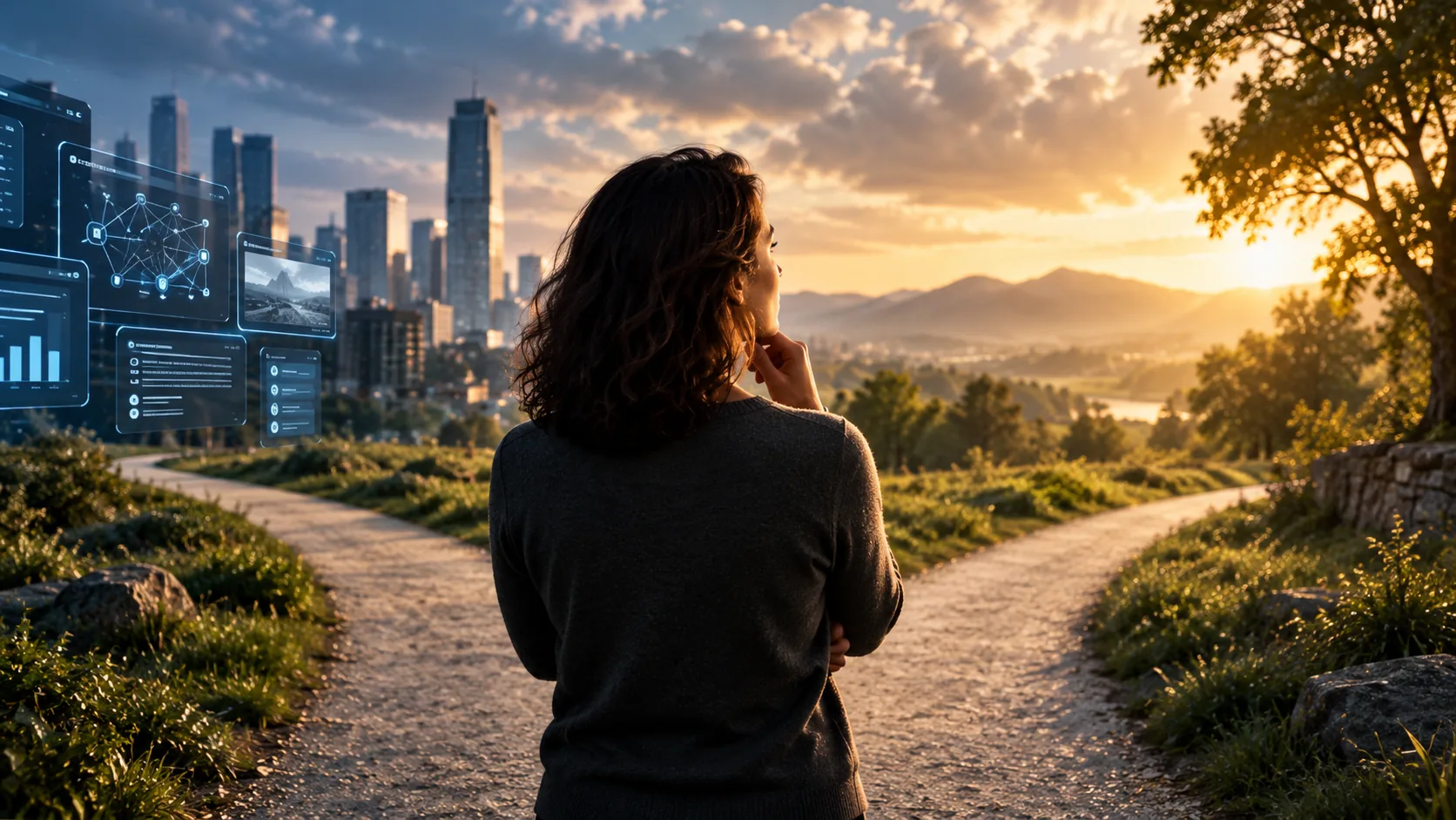 A woman considers a fork in the path while AI interfaces remain off to the side, emphasizing human judgment.