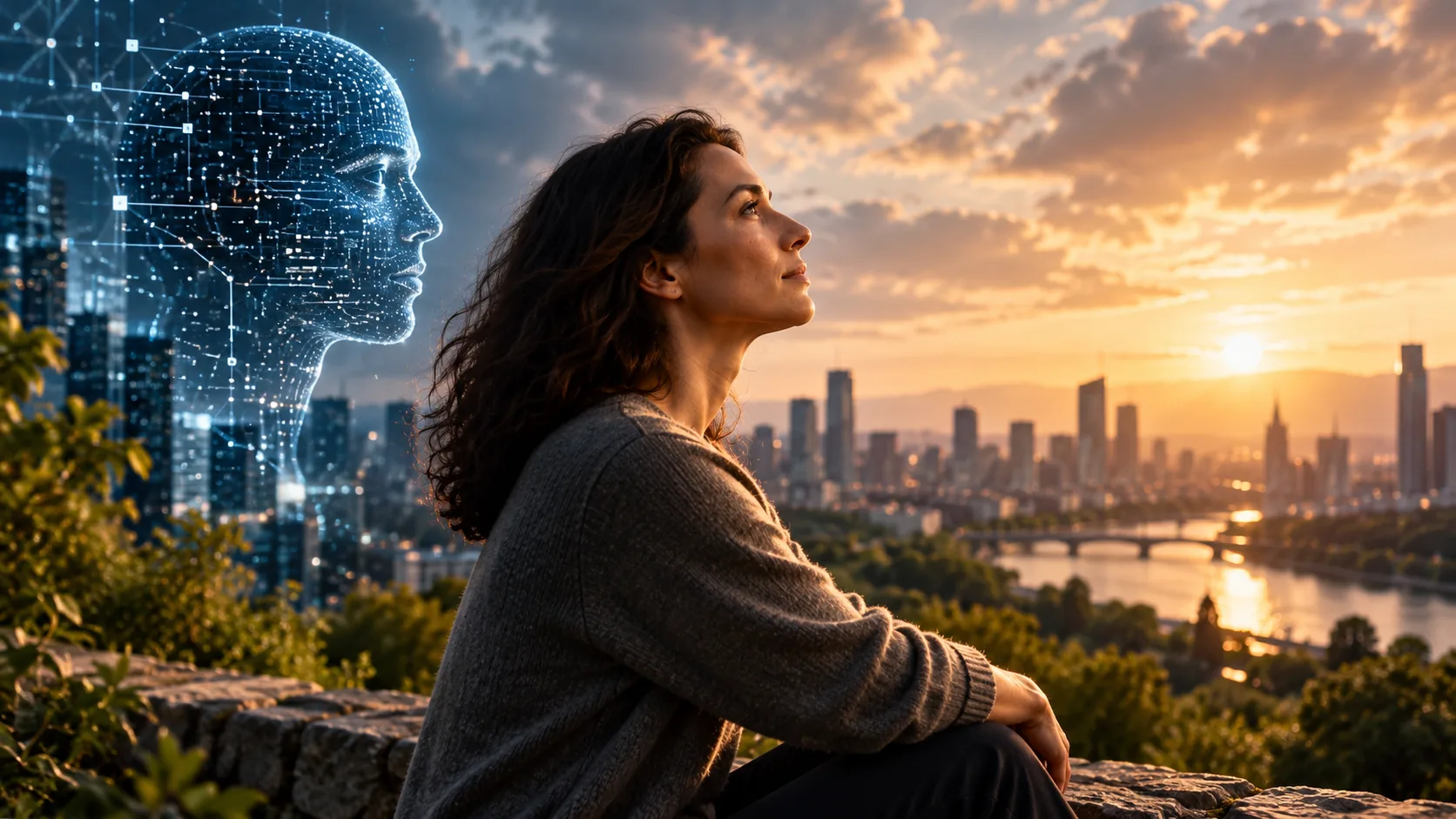 A woman looks toward the horizon beside a digital human profile, contrasting human dignity with machine capability.