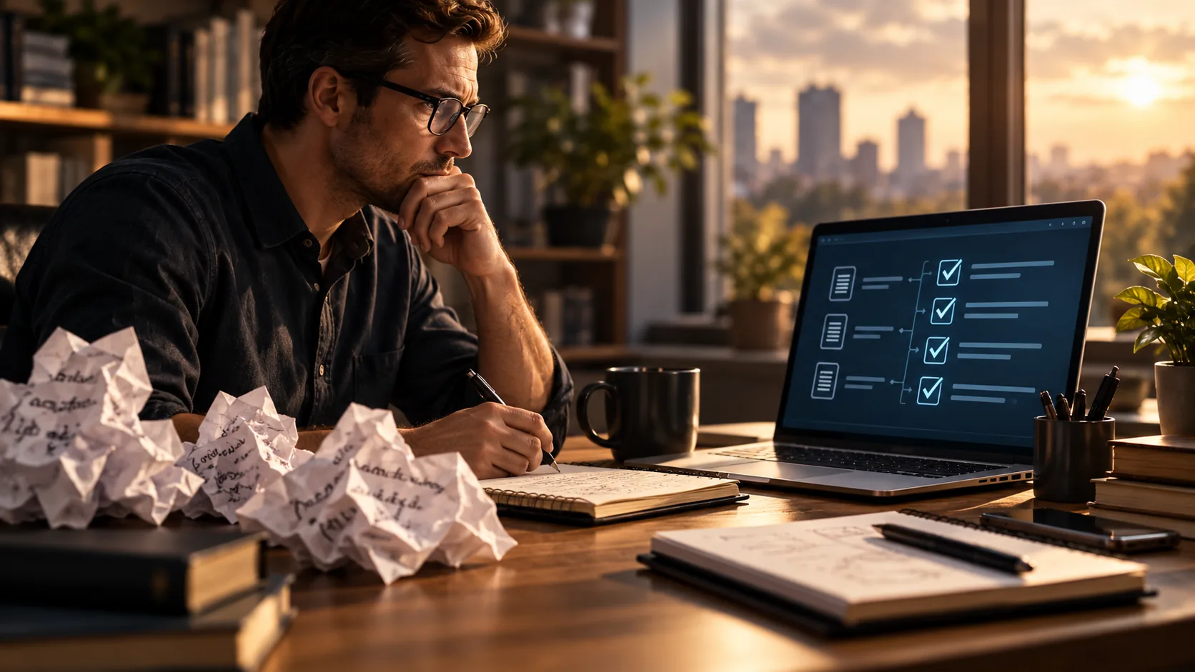 A man reviews a structured checklist on a laptop beside crumpled drafts, moving from prompt attempts toward a clear workflow.