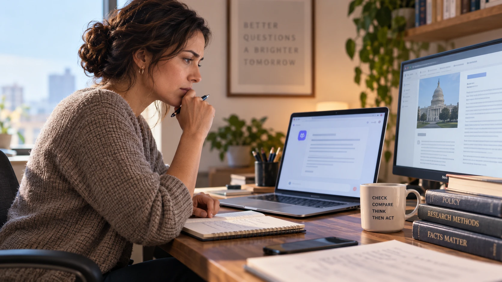 A thoughtful professional compares an AI-generated answer with independent source material before deciding whether to trust it.
