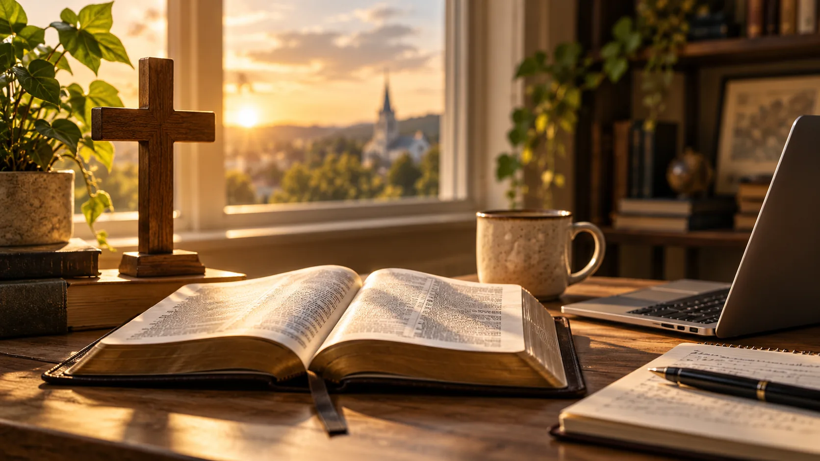 An open Bible and wooden cross anchor a sunlit study desk, with a laptop set to the side.