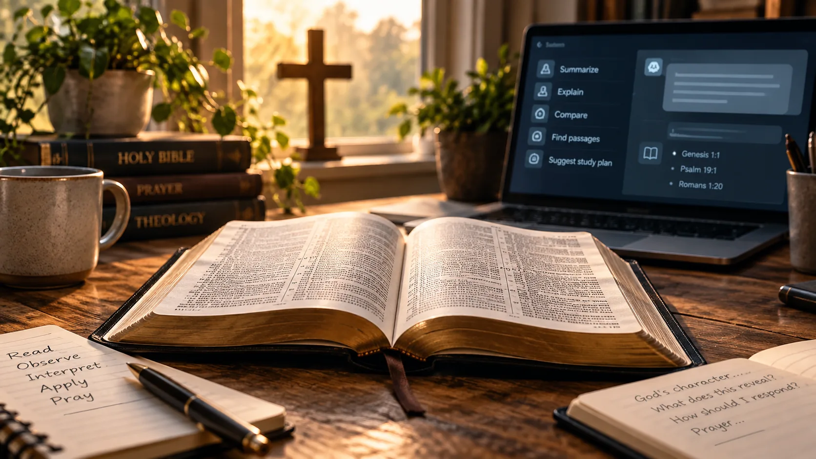 An open Bible fills the foreground beside study notes, with AI research assistance on a laptop behind it.