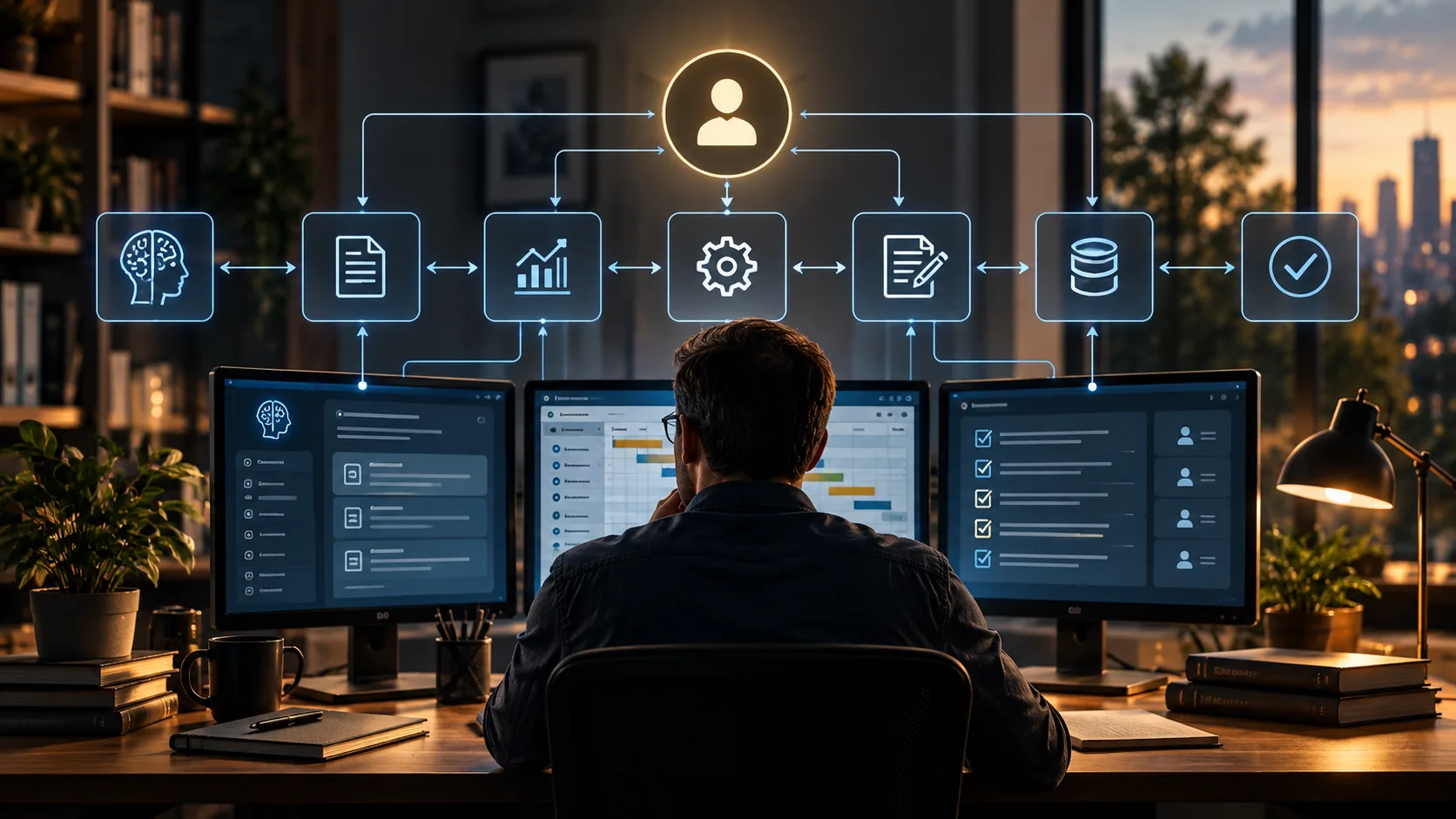 A person oversees multiple screens beneath a connected sequence of AI-assisted tasks with human oversight above the workflow.