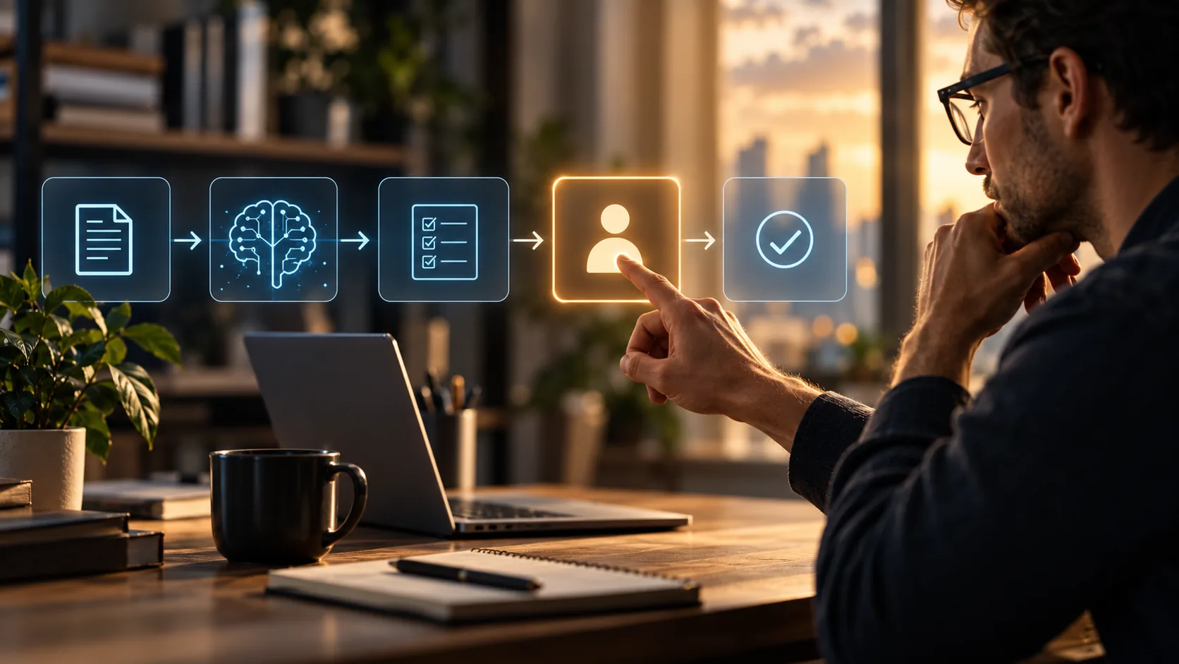 A man selects a highlighted human approval checkpoint between AI-assisted processing and workflow completion.