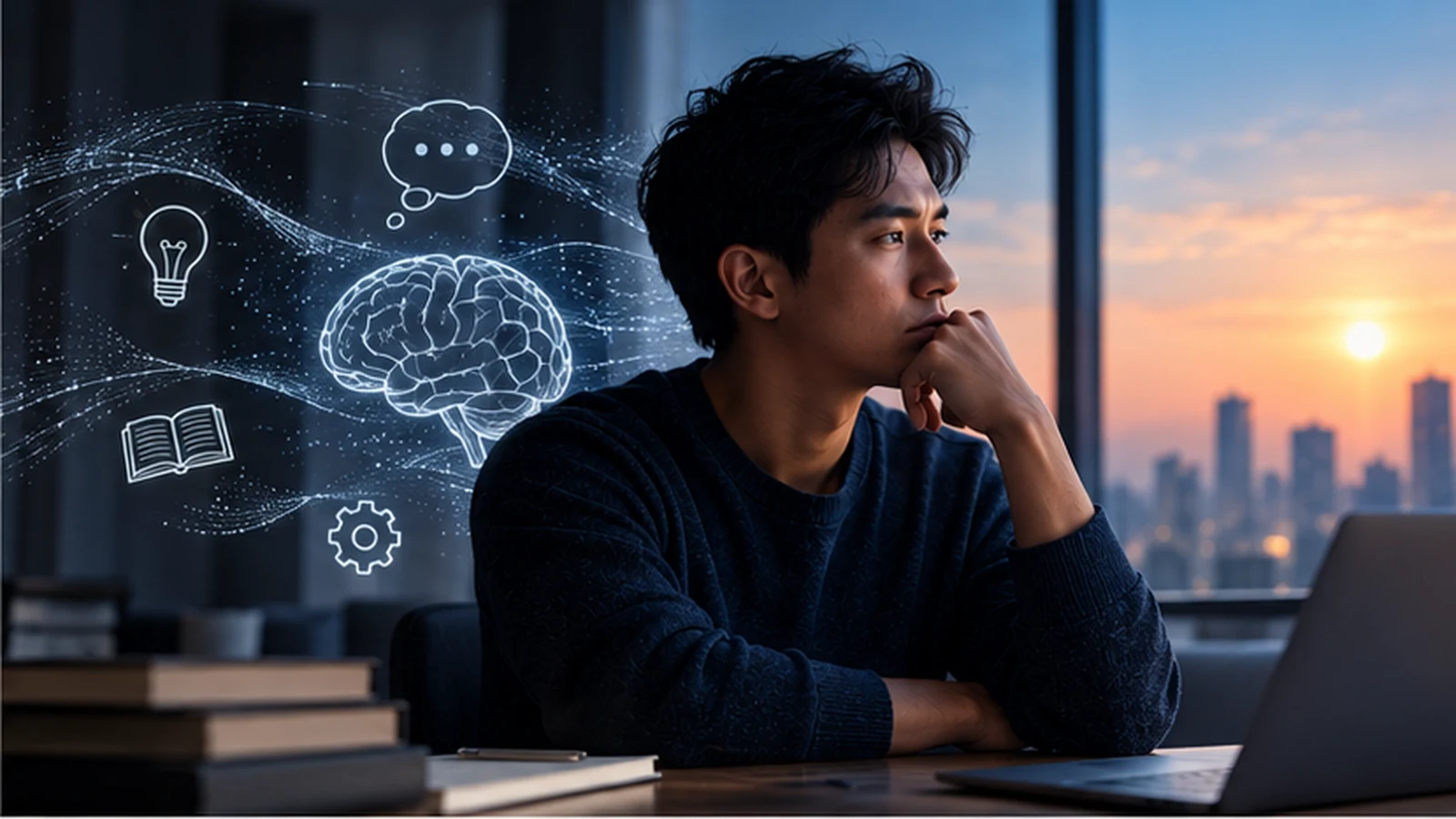 A thoughtful person pauses beside a laptop while visual cues for learning and reasoning remain centered on human thought.