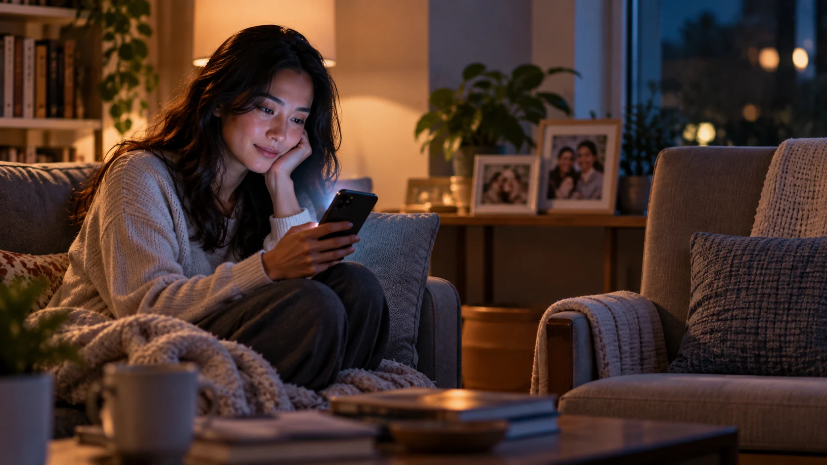 A woman uses an AI companion in a warm living room while signs of real human relationships remain nearby.
