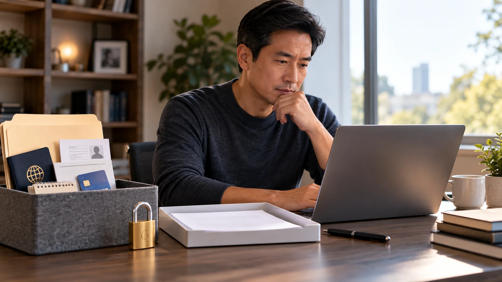A person deliberately limits sensitive information before using an AI assistant.