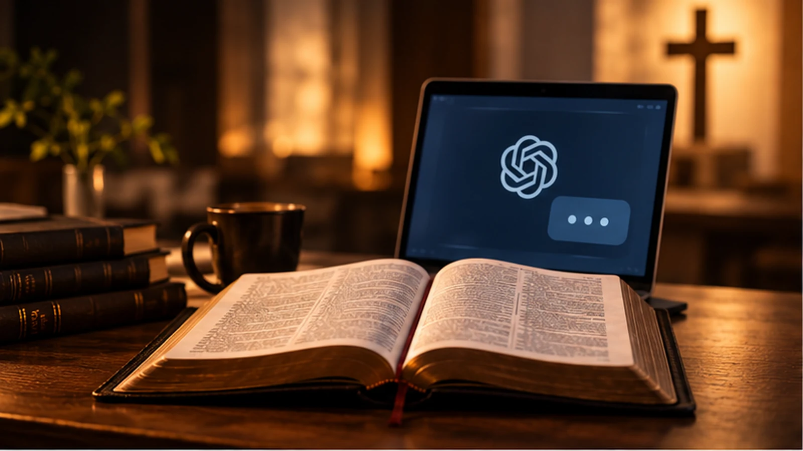 An open Bible remains central on a study desk while a laptop serves as a secondary AI research aid.