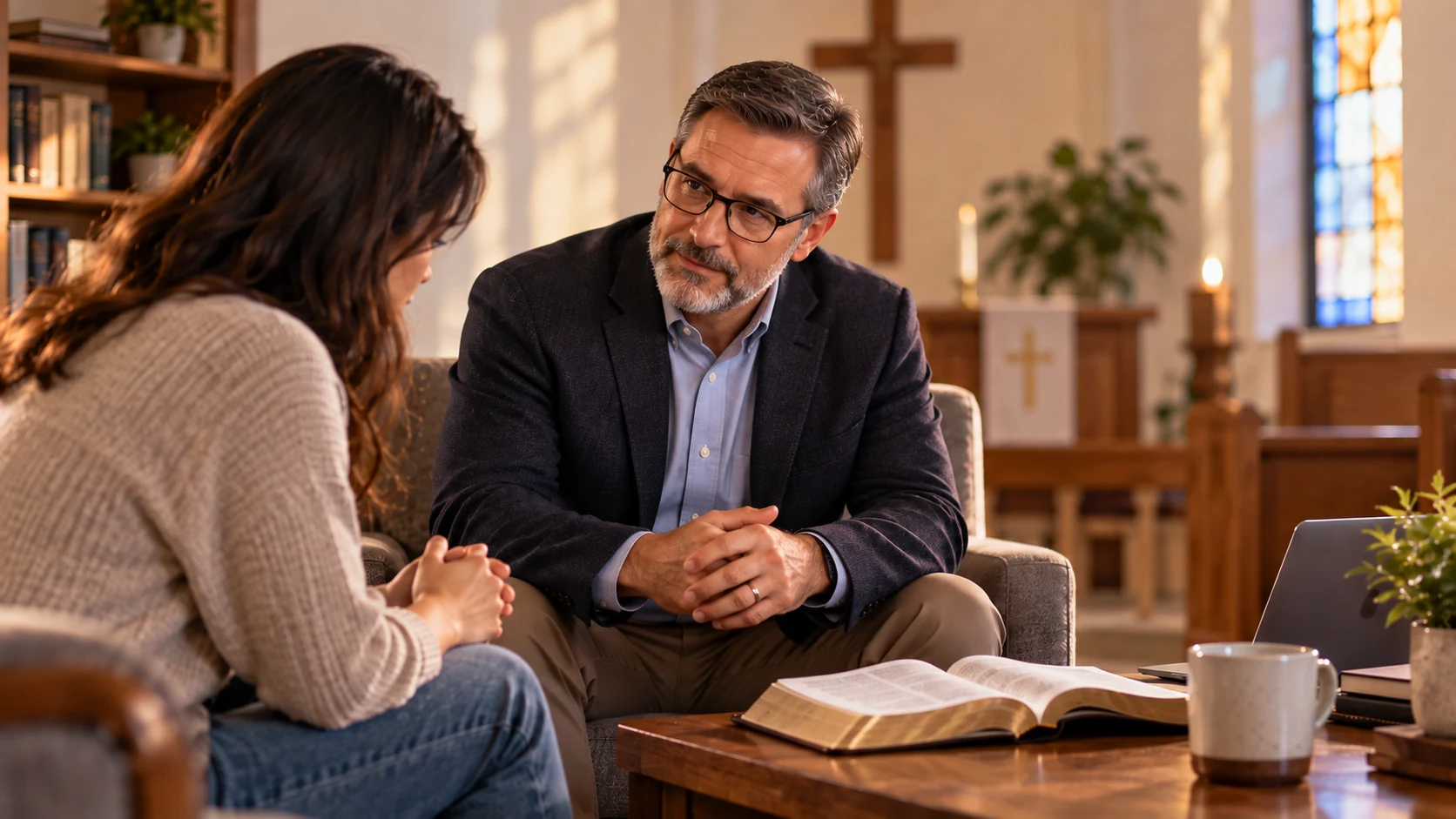 A pastor listens to a church member face-to-face with an open Bible nearby and technology secondary.