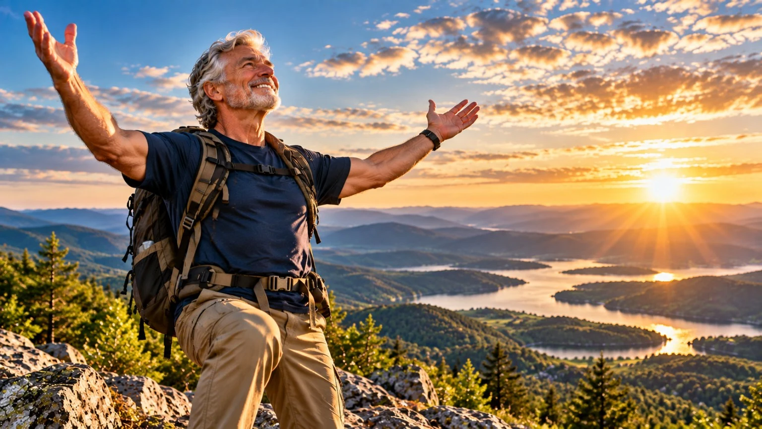 A strong, healthy older Christian man on a mountain summit raising his arms in praise to God at sunrise.