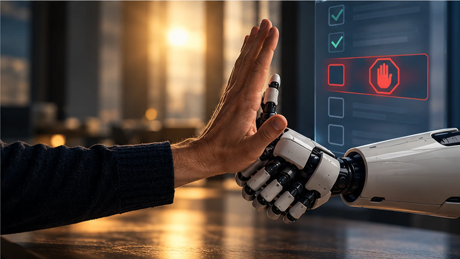 A human hand stops a robotic hand beside visible approval and safety controls, emphasizing human authority over AI actions.