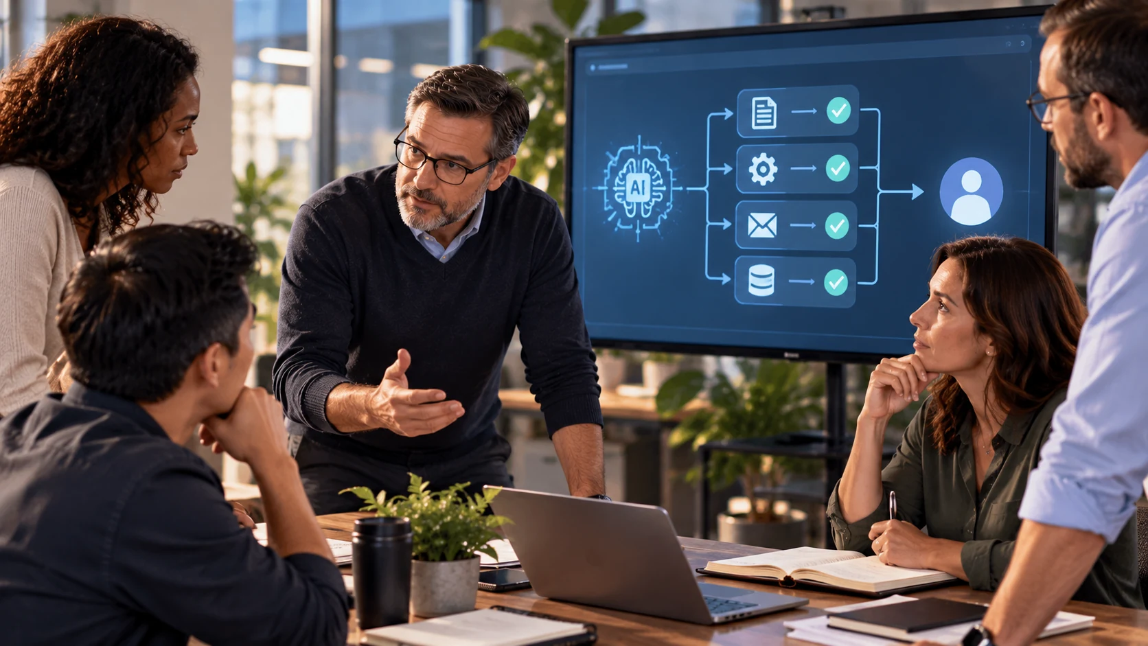 A human team reviews AI-executed work while accountability remains visibly human.