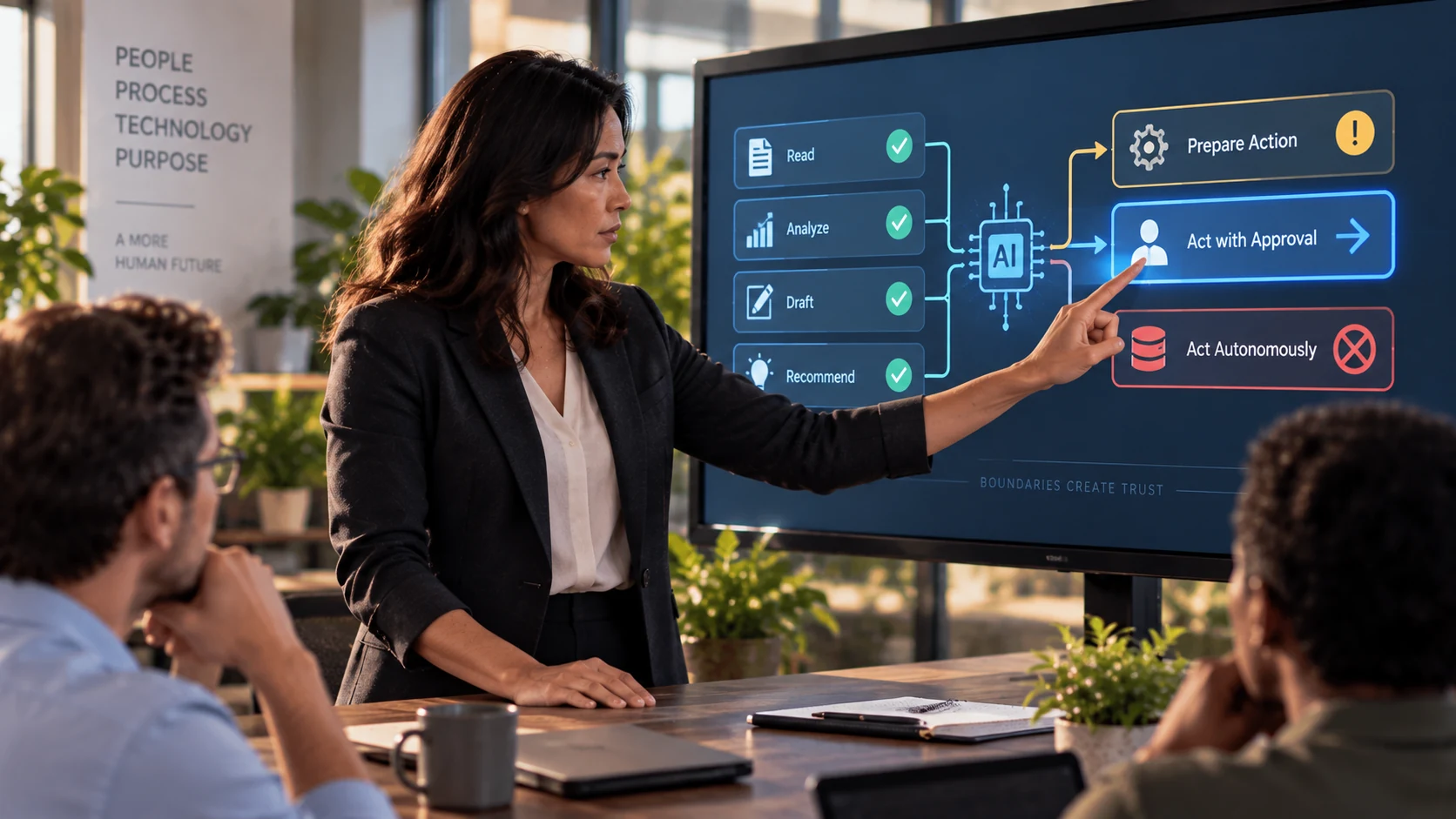 A human leader controls permission boundaries for an AI-assisted workflow.