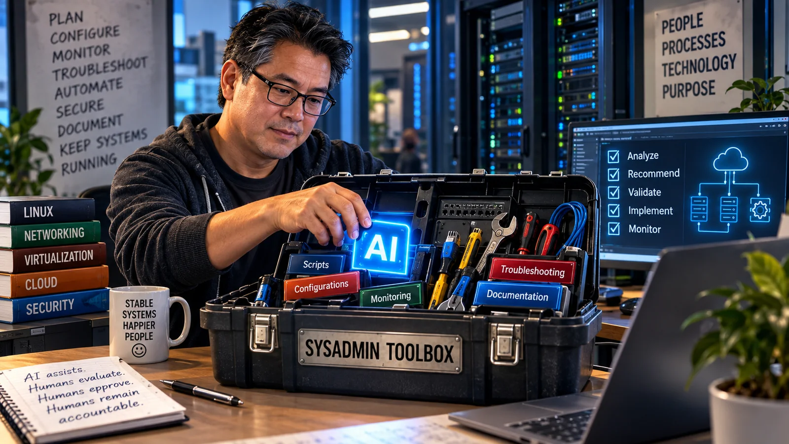A systems administrator selecting AI as one tool among familiar systems administration tools in an open toolbox.