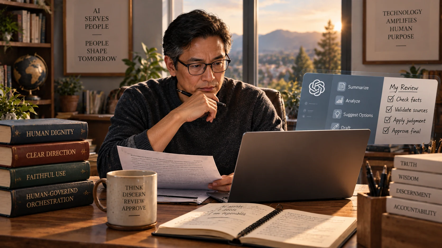A person reviewing AI-assisted work while keeping final judgment, values, and approval in human hands.