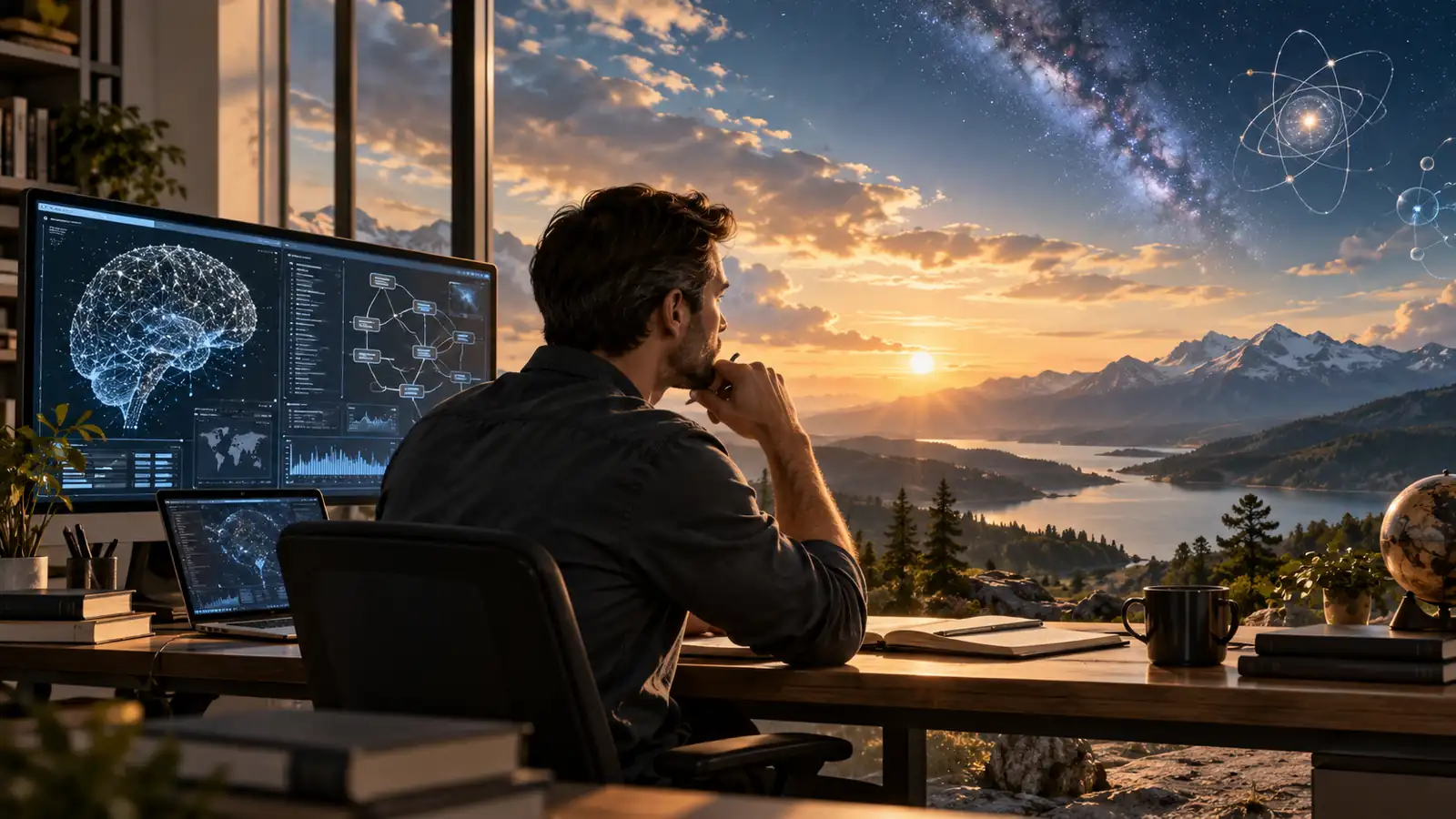 A thoughtful man reviews AI systems while looking toward mountains, stars, and scientific imagery, contrasting human-built intelligence with creation.