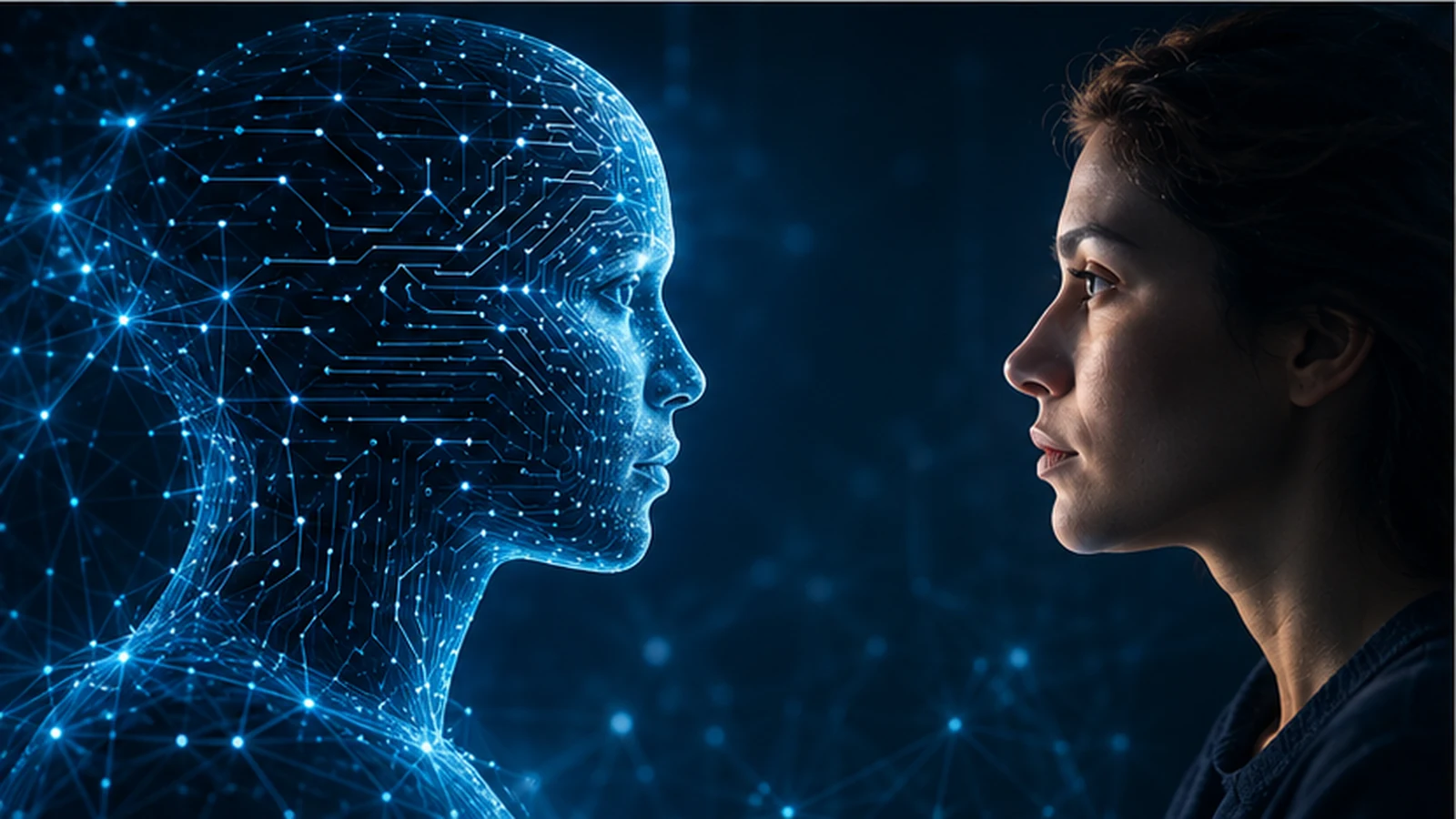A human face confronts a luminous AI circuit profile, emphasizing the distinction between machine capability and human consciousness.
