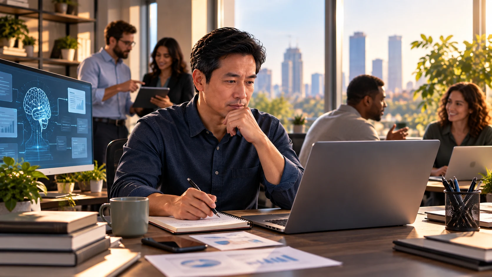People collaborate while AI supports changing workplace tasks and human judgment remains central.