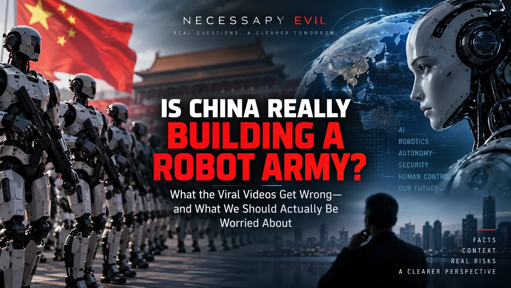Editorial illustration asking whether China is building a robot army, with humanoid robots, a Chinese flag, AI imagery, and a human observer.