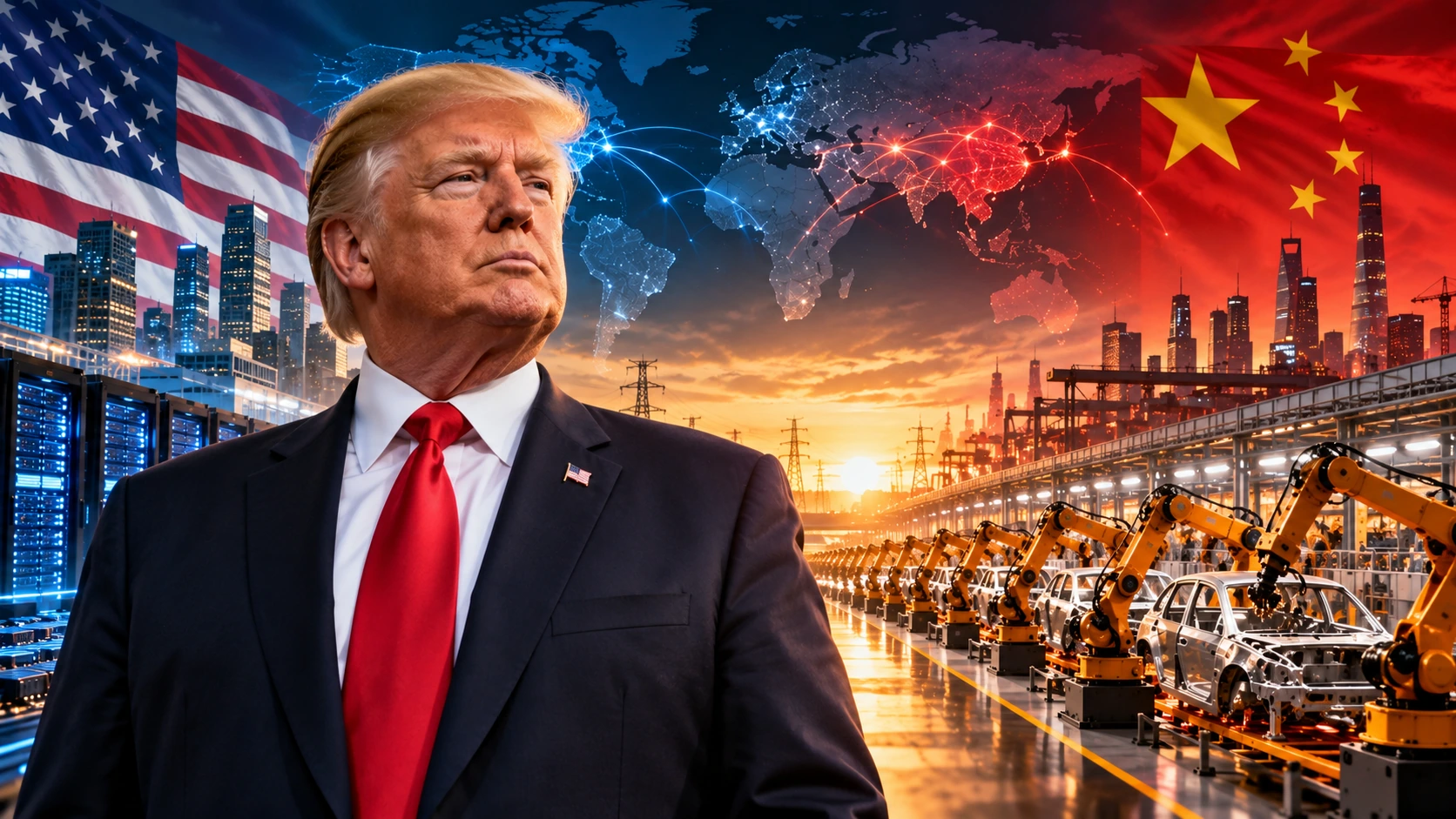 Editorial portrait of President Donald Trump with American AI infrastructure, data centers, robotics, and U.S.-China technological competition behind him.