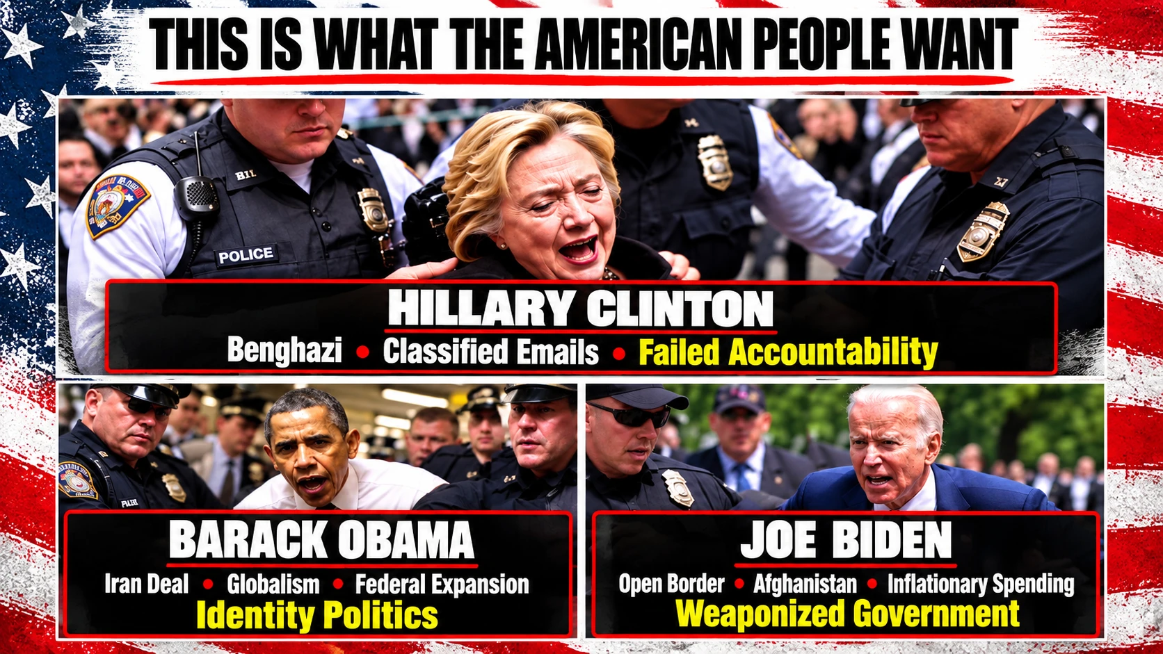 Political accountability collage with Hillary Clinton, Barack Obama, and Joe Biden alongside issue labels including Benghazi, classified emails, the Iran deal, Afghanistan, and government accountability.